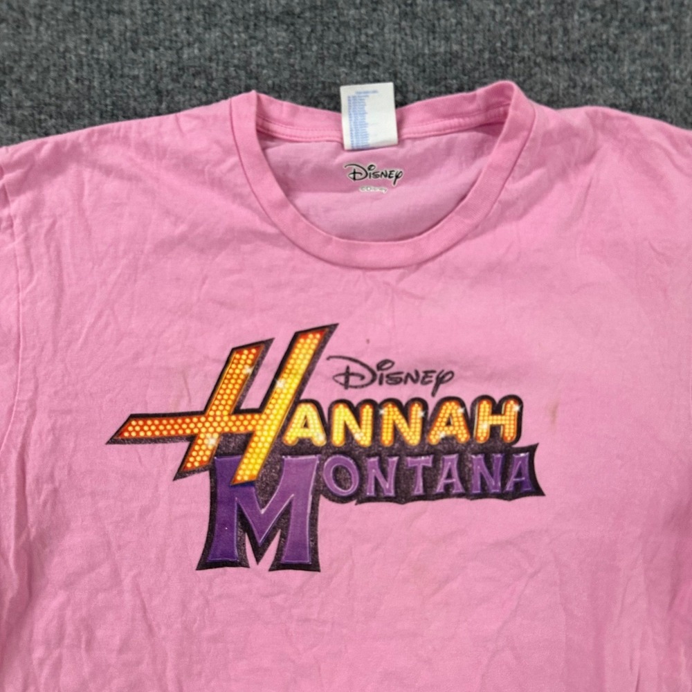Disney T-Shirt Womens Size M Pink Hannah Montana Graphic Glitter Logo Crew Neck